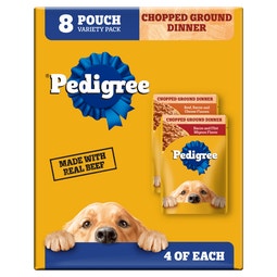 CHOPPED GROUND DINNER Adult Wet Dog Food Pouches, 8 Count  Variety Pack with Filet Mignon Flavor and Beef, Bacon and Cheese image