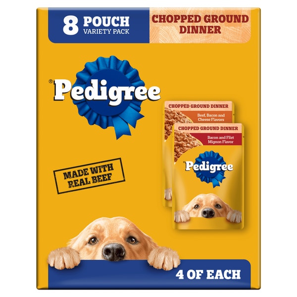 CHOPPED GROUND DINNER Adult Wet Dog Food Pouches, 8 Count  Variety Pack with Filet Mignon Flavor and Beef, Bacon and Cheese asset 1