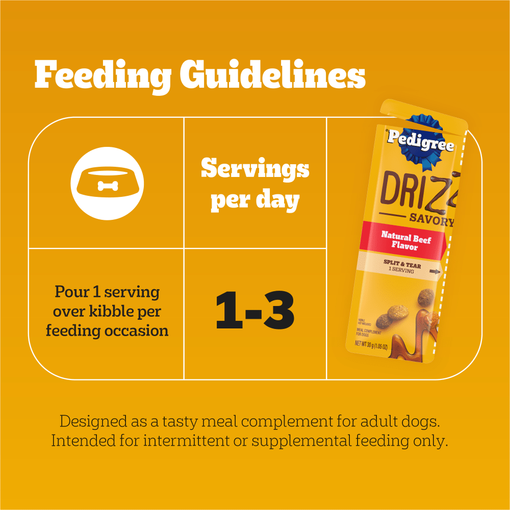 DRIZZLERS Wet Dog Savory Sauce, 32 Count Variety Pack feeding guidelines image